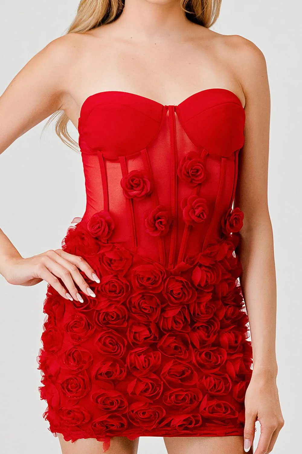 LUXE LACE MESH TEXTURE FLORAL ROSETTE MINI DRESS