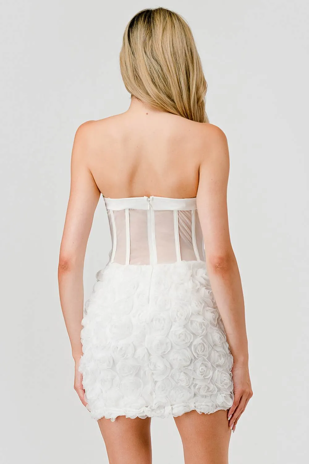 LUXE LACE MESH TEXTURE FLORAL ROSETTE MINI DRESS