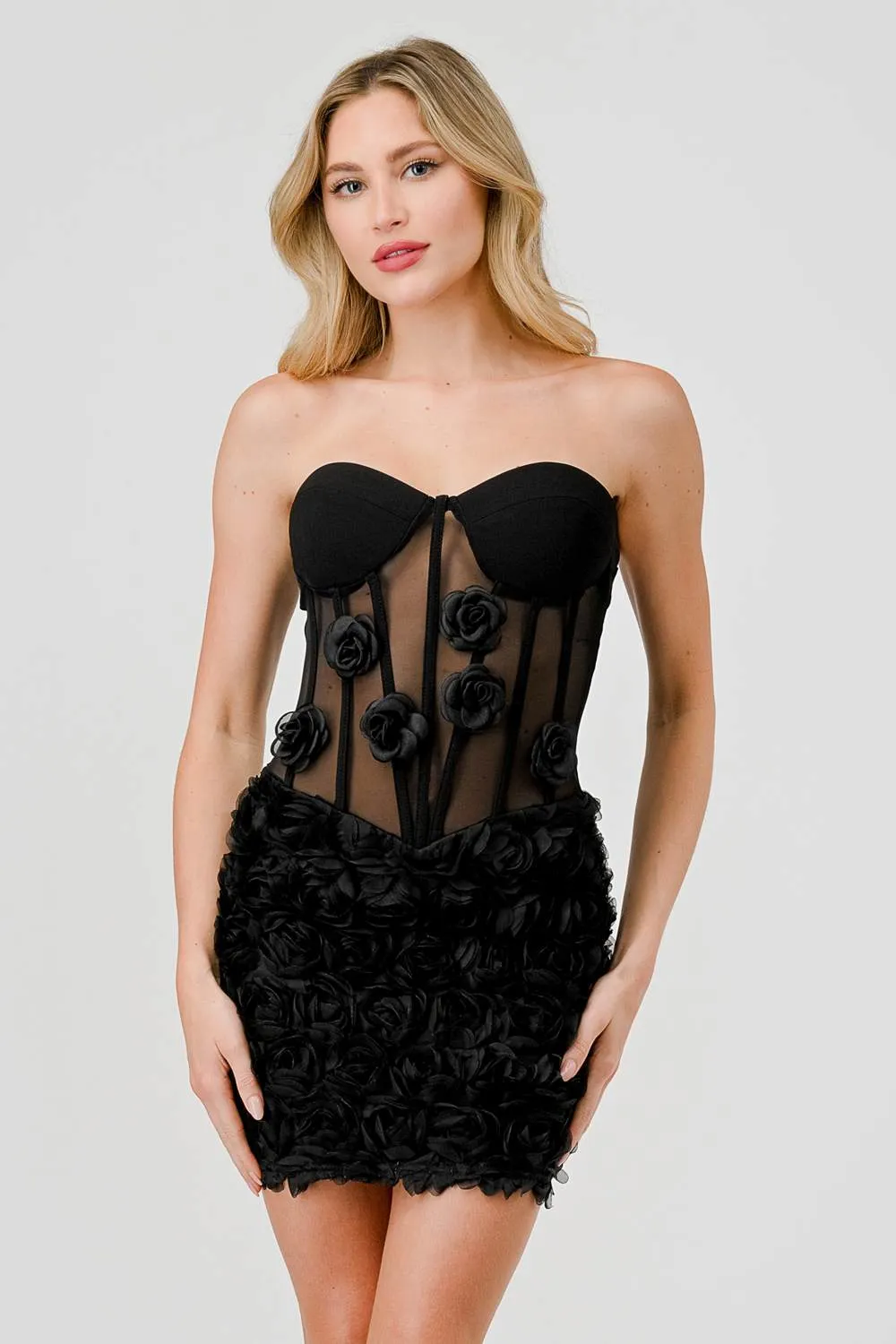 LUXE LACE MESH TEXTURE FLORAL ROSETTE MINI DRESS