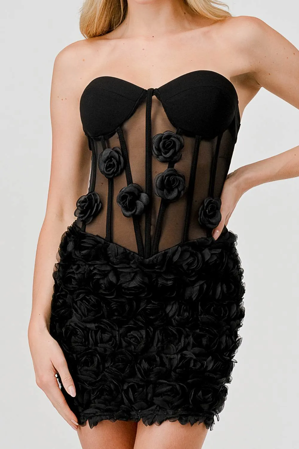 LUXE LACE MESH TEXTURE FLORAL ROSETTE MINI DRESS