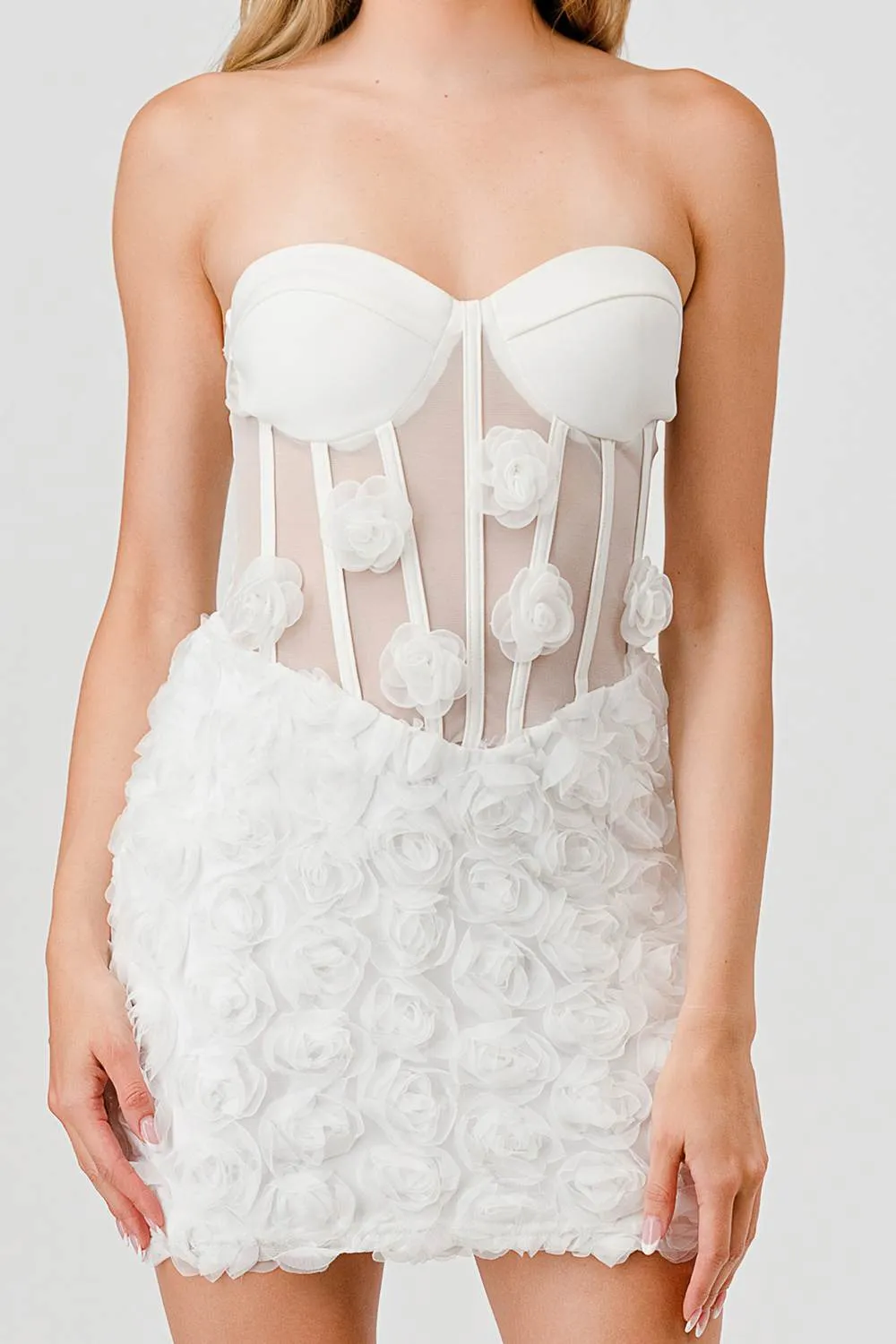 LUXE LACE MESH TEXTURE FLORAL ROSETTE MINI DRESS