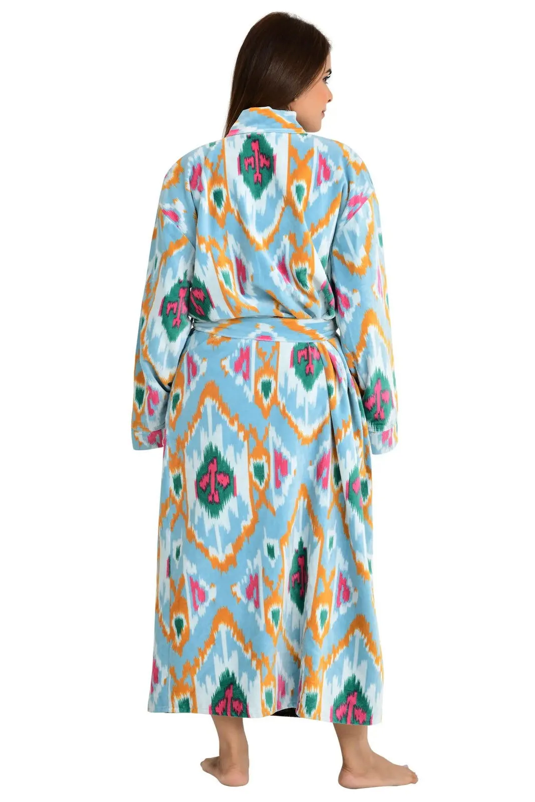Luxury Velvet House Robe Unisex Kimono Jacket Reversible Silk Lined Autumn Winter Gift Elegant Ikat Green Malibu Bluish Valentine Love
