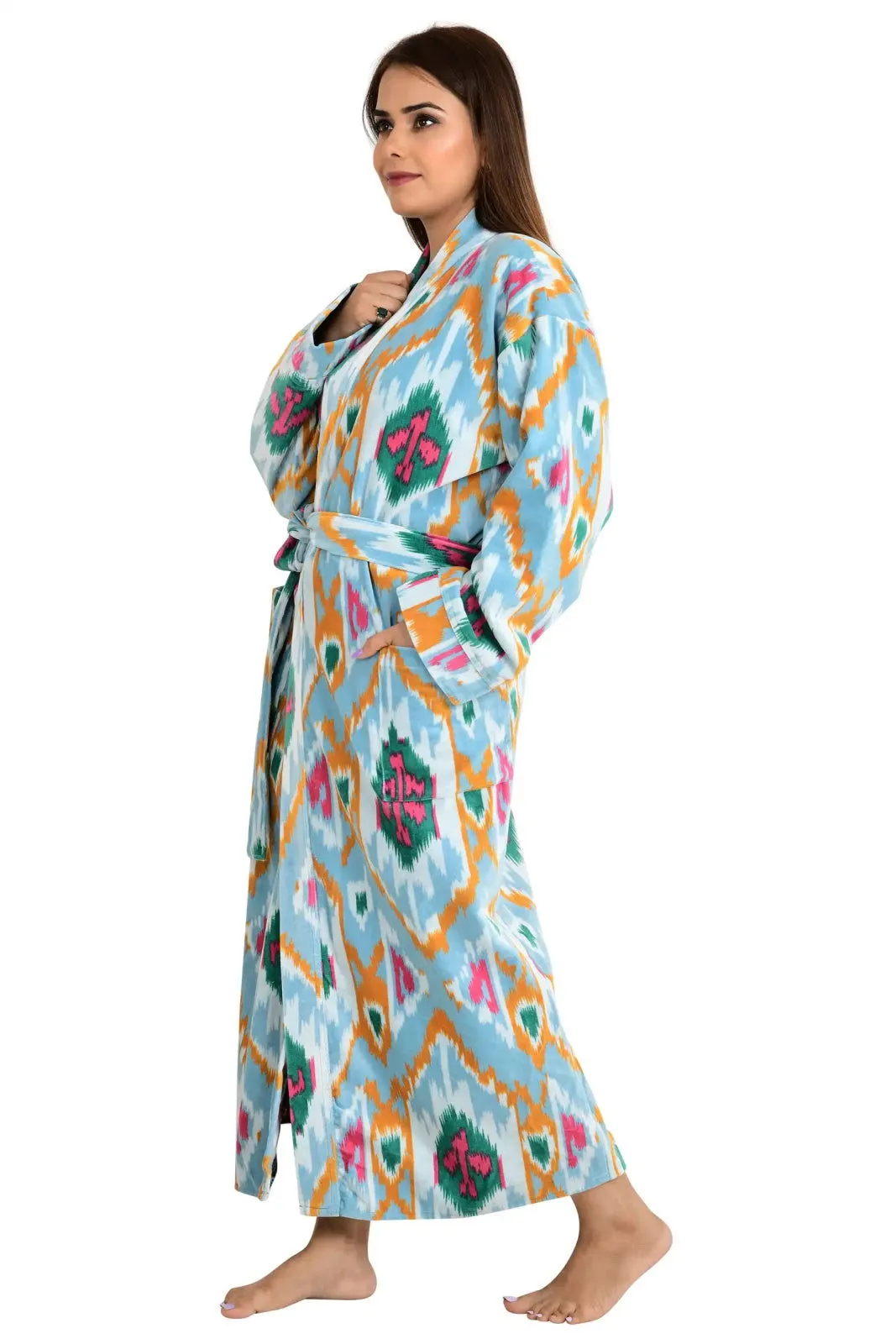 Luxury Velvet House Robe Unisex Kimono Jacket Reversible Silk Lined Autumn Winter Gift Elegant Ikat Green Malibu Bluish Valentine Love