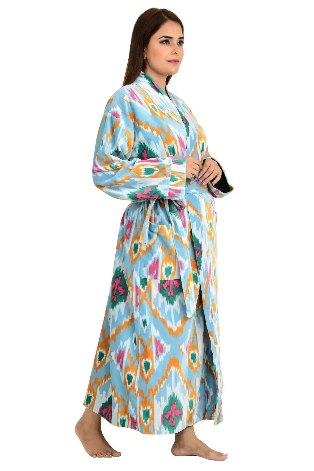 Luxury Velvet House Robe Unisex Kimono Jacket Reversible Silk Lined Autumn Winter Gift Elegant Ikat Green Malibu Bluish Valentine Love