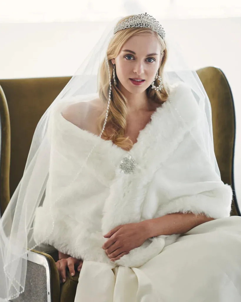 Marionat Bridal Faux Fur Cape with Rhinestone Pin 7112
