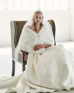 Marionat Bridal Faux Fur Cape with Rhinestone Pin 7112