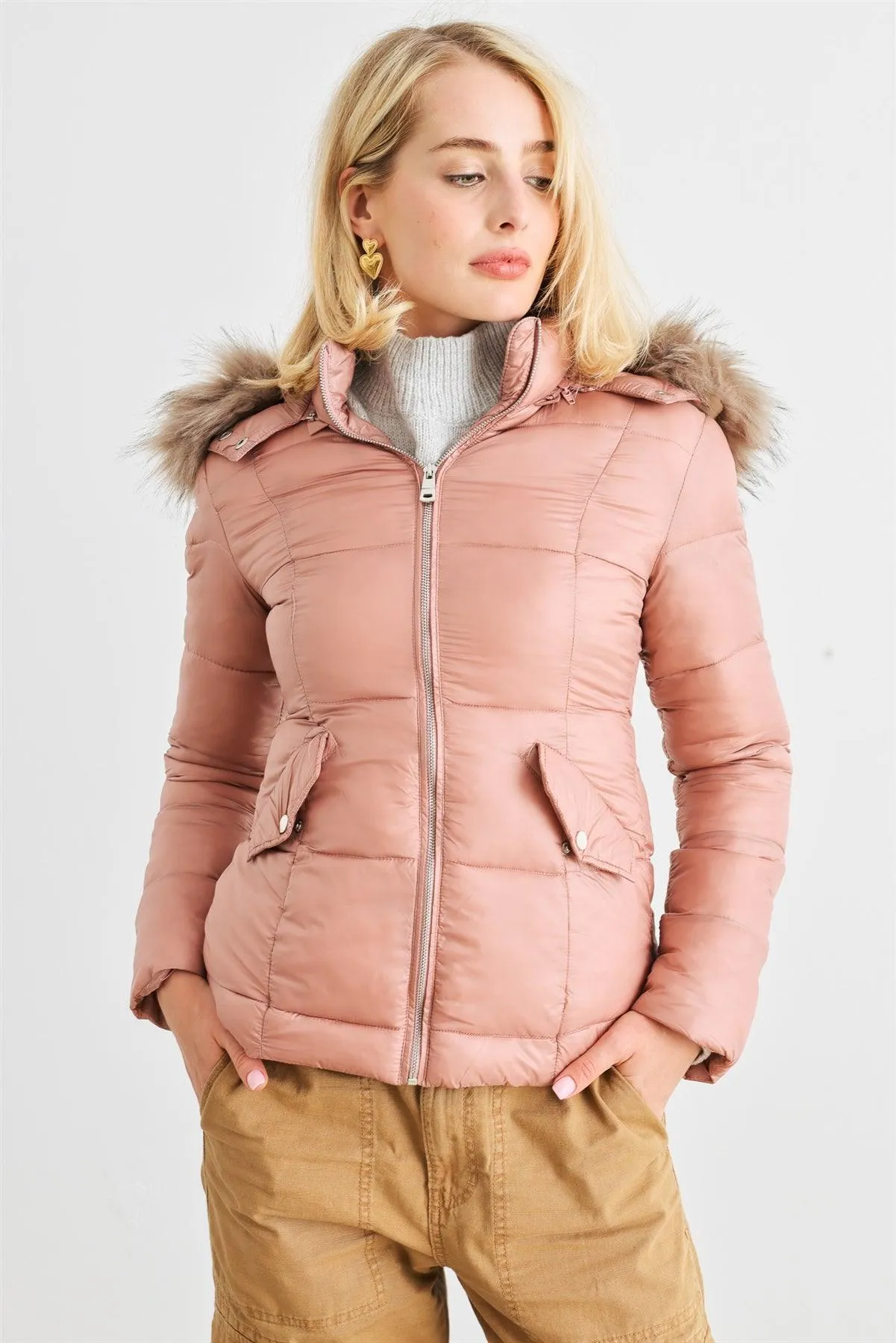 Mauve Long Sleeve Faux Fur Hood Padded Water Resistant Finish Jacket /2-2-2
