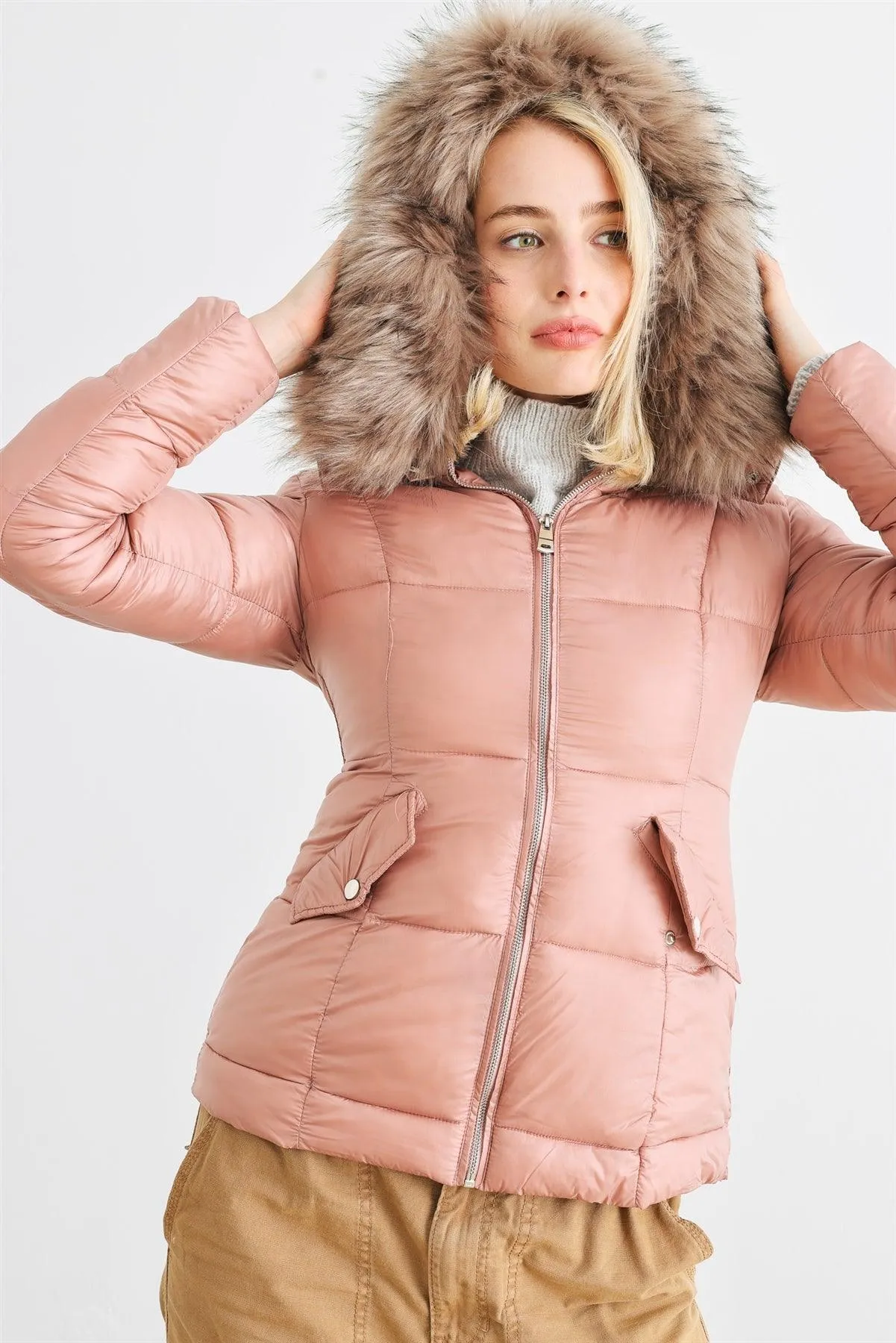 Mauve Long Sleeve Faux Fur Hood Padded Water Resistant Finish Jacket /2-2-2