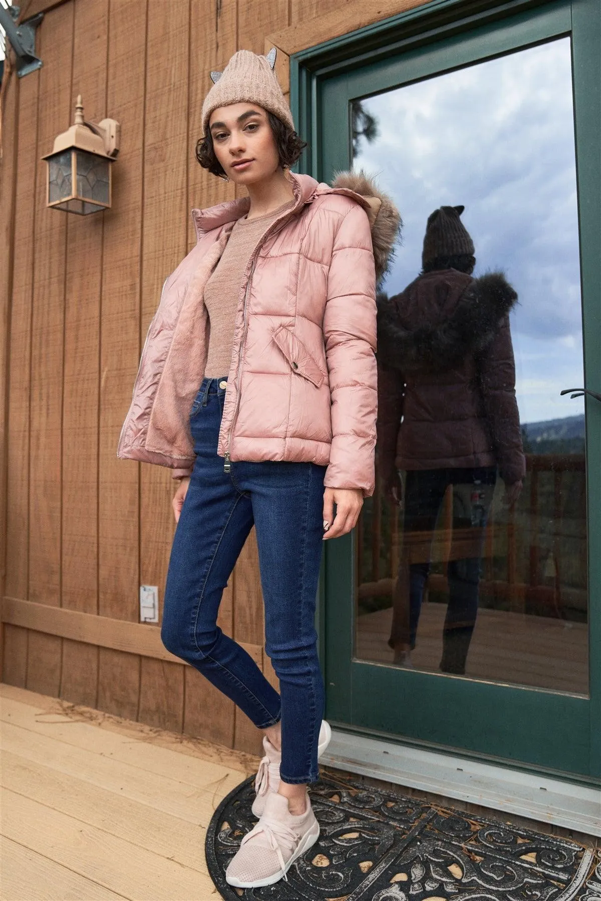 Mauve Long Sleeve Faux Fur Hood Padded Water Resistant Finish Jacket