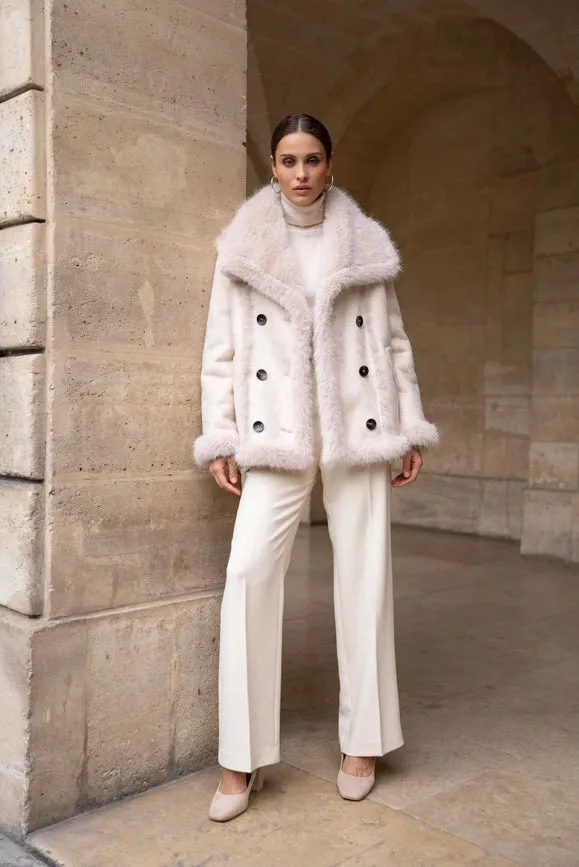 Mid-Length Leather and Synthetic Fur Coat Off-white