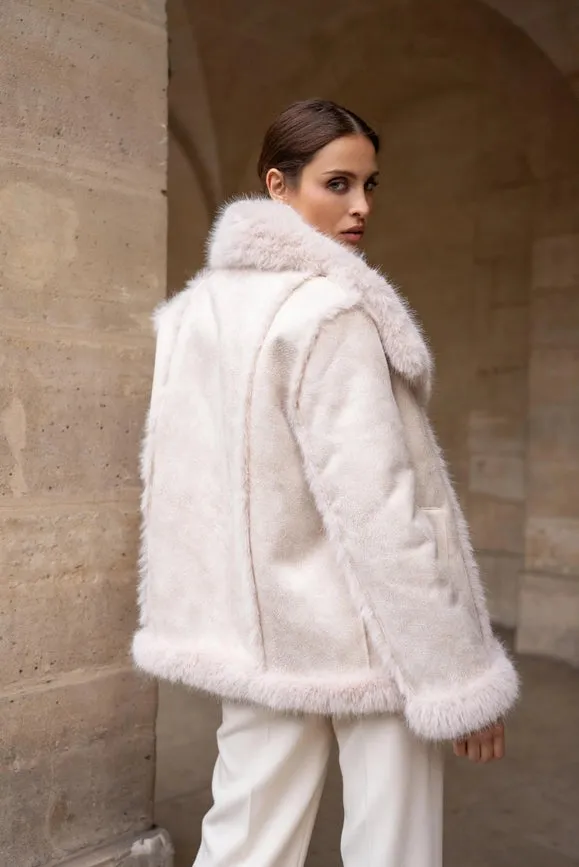 Mid-Length Leather and Synthetic Fur Coat Off-white