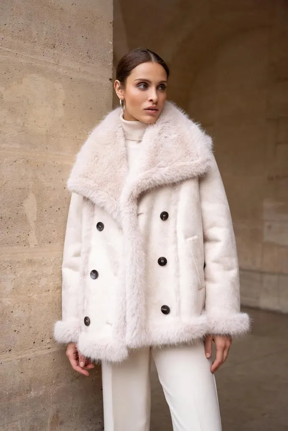 Mid-Length Leather and Synthetic Fur Coat Off-white