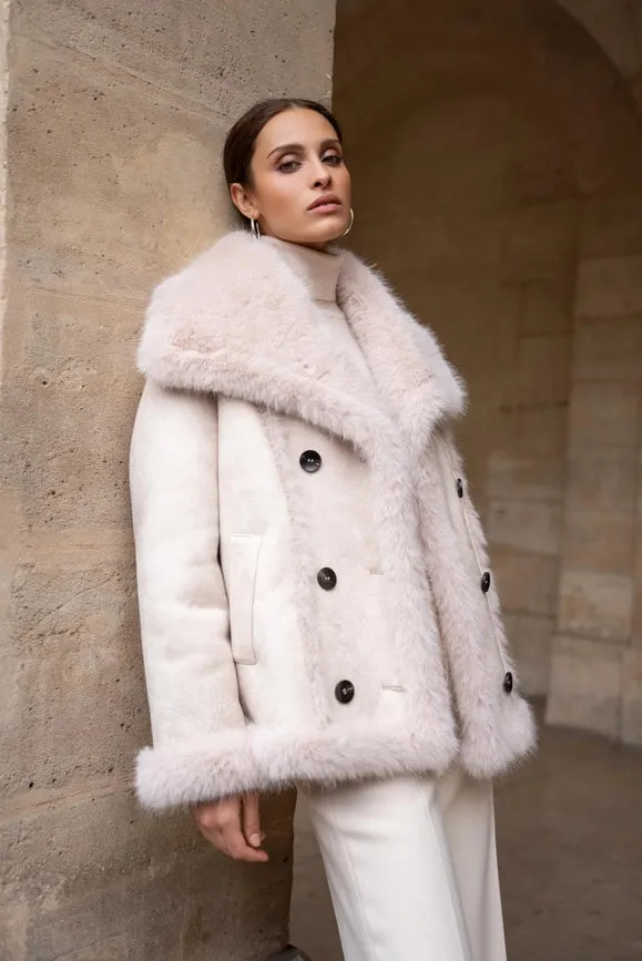 Mid-Length Leather and Synthetic Fur Coat Off-white