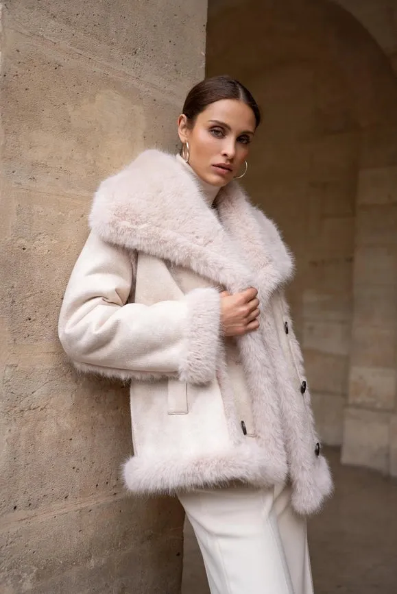 Mid-Length Leather and Synthetic Fur Coat Off-white