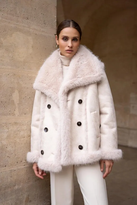 Mid-Length Leather and Synthetic Fur Coat Off-white