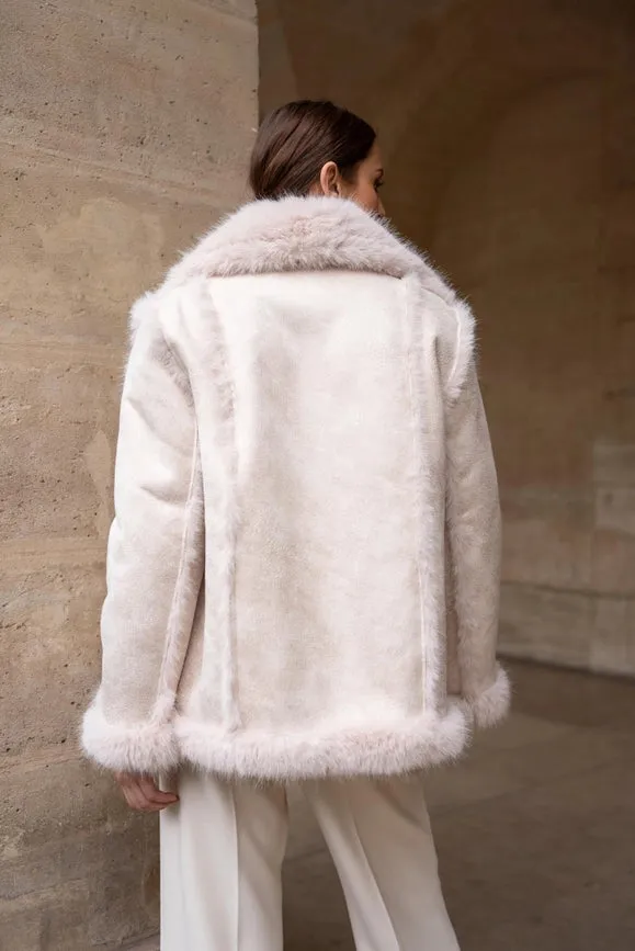 Mid-Length Leather and Synthetic Fur Coat Off-white