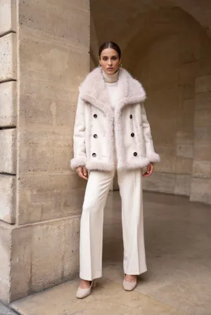 Mid-Length Leather and Synthetic Fur Coat Off-white
