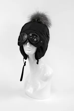 Mitchie's | Black Nylon Hat with Goggles and Fur Pom | Women's