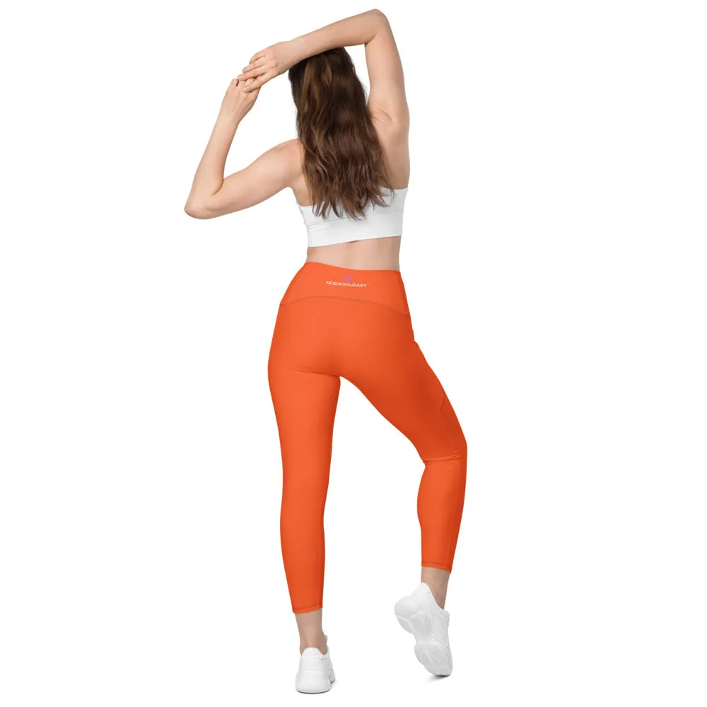 Orange Color Women's Tights, Women's 7/8 Leggings With 2 Side Pockets - Made in USA/EU/MX