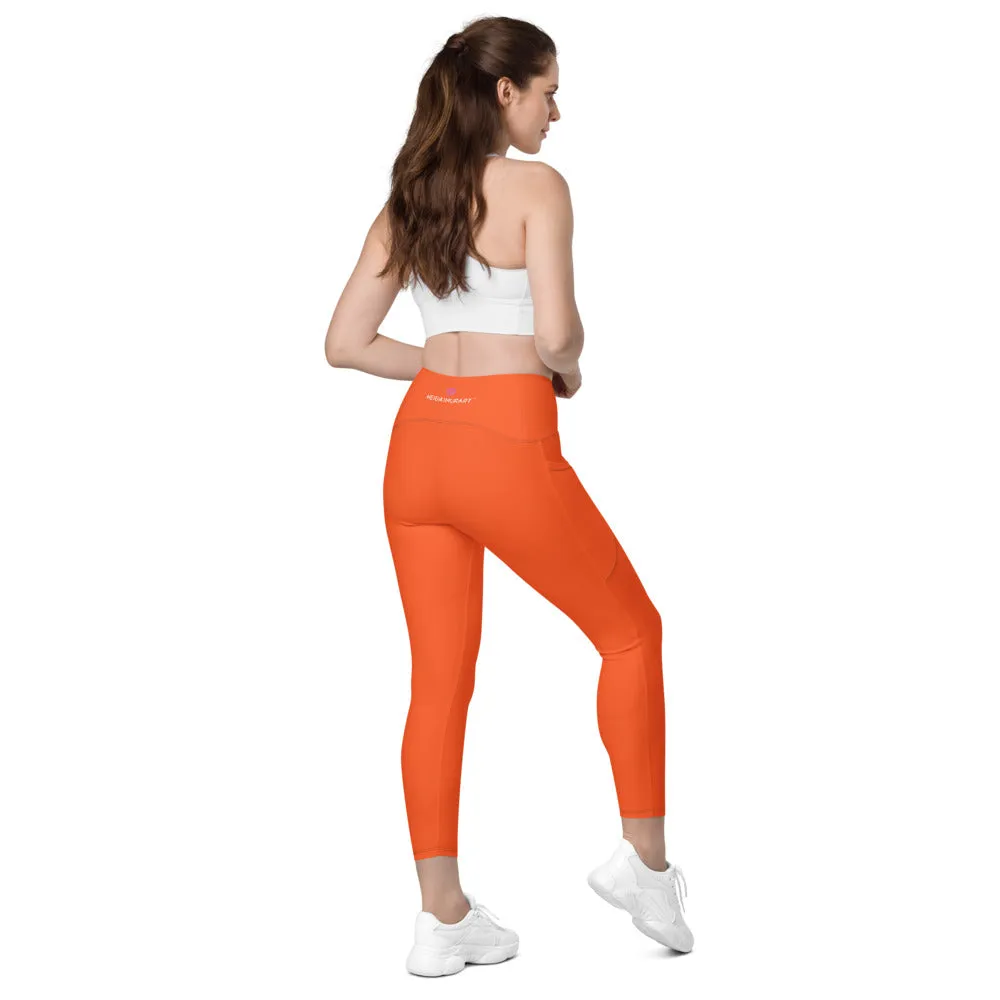 Orange Color Women's Tights, Women's 7/8 Leggings With 2 Side Pockets - Made in USA/EU/MX