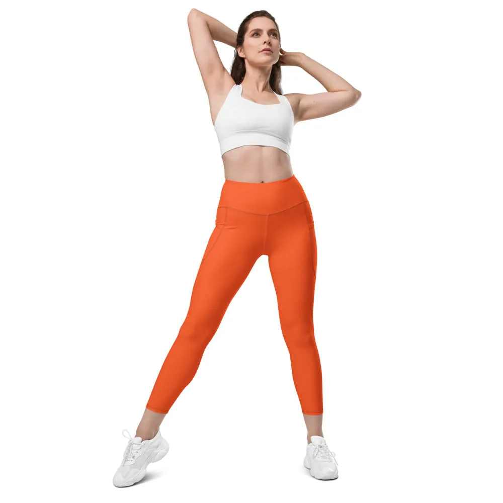 Orange Color Women's Tights, Women's 7/8 Leggings With 2 Side Pockets - Made in USA/EU/MX