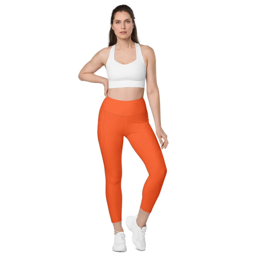 Orange Color Women's Tights, Women's 7/8 Leggings With 2 Side Pockets - Made in USA/EU/MX