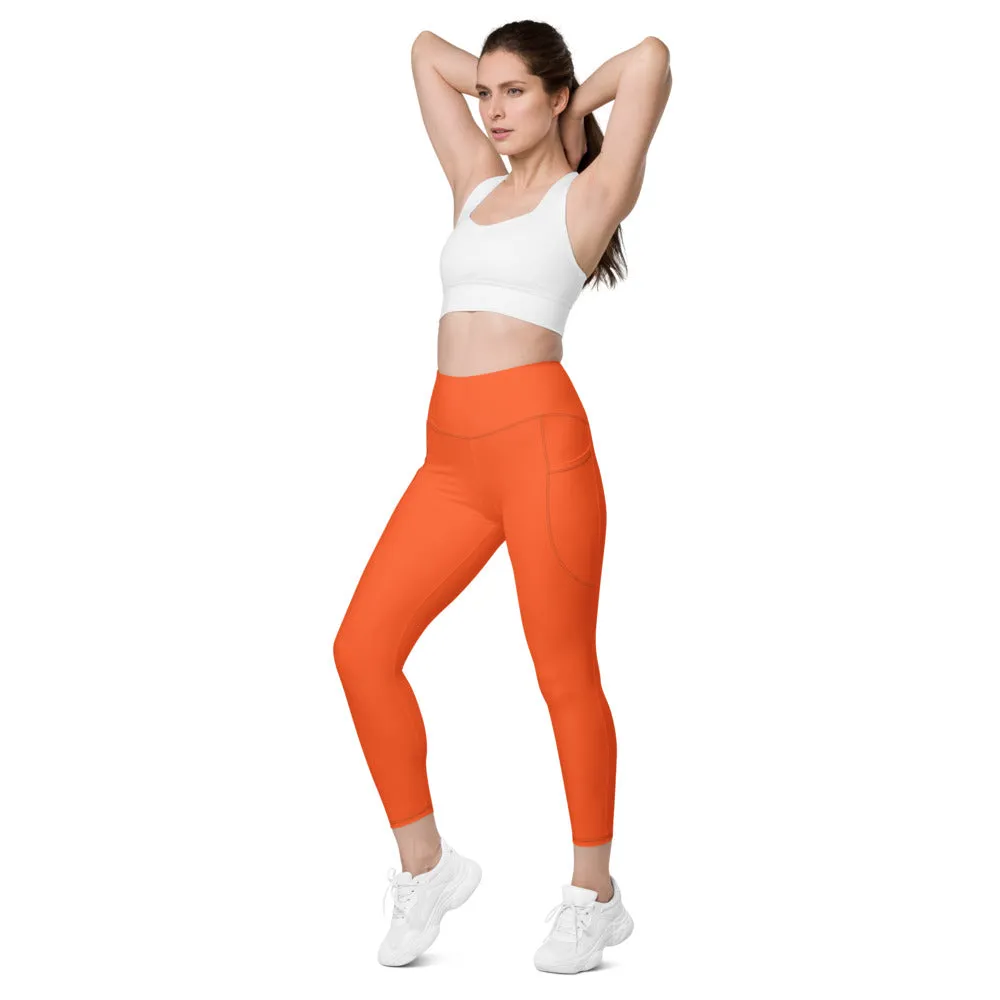 Orange Color Women's Tights, Women's 7/8 Leggings With 2 Side Pockets - Made in USA/EU/MX
