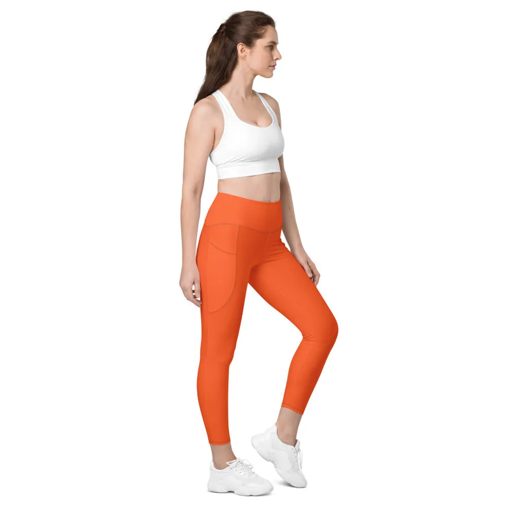 Orange Color Women's Tights, Women's 7/8 Leggings With 2 Side Pockets - Made in USA/EU/MX