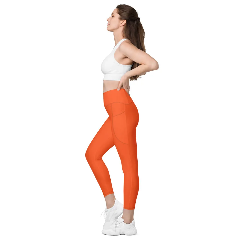 Orange Color Women's Tights, Women's 7/8 Leggings With 2 Side Pockets - Made in USA/EU/MX