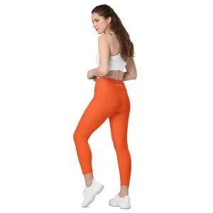 Orange Color Women's Tights, Women's 7/8 Leggings With 2 Side Pockets - Made in USA/EU/MX