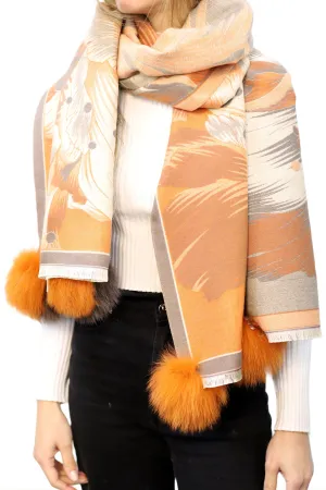 Oversized Floral Print Wrap with Fox Poms - Brown & Orange
