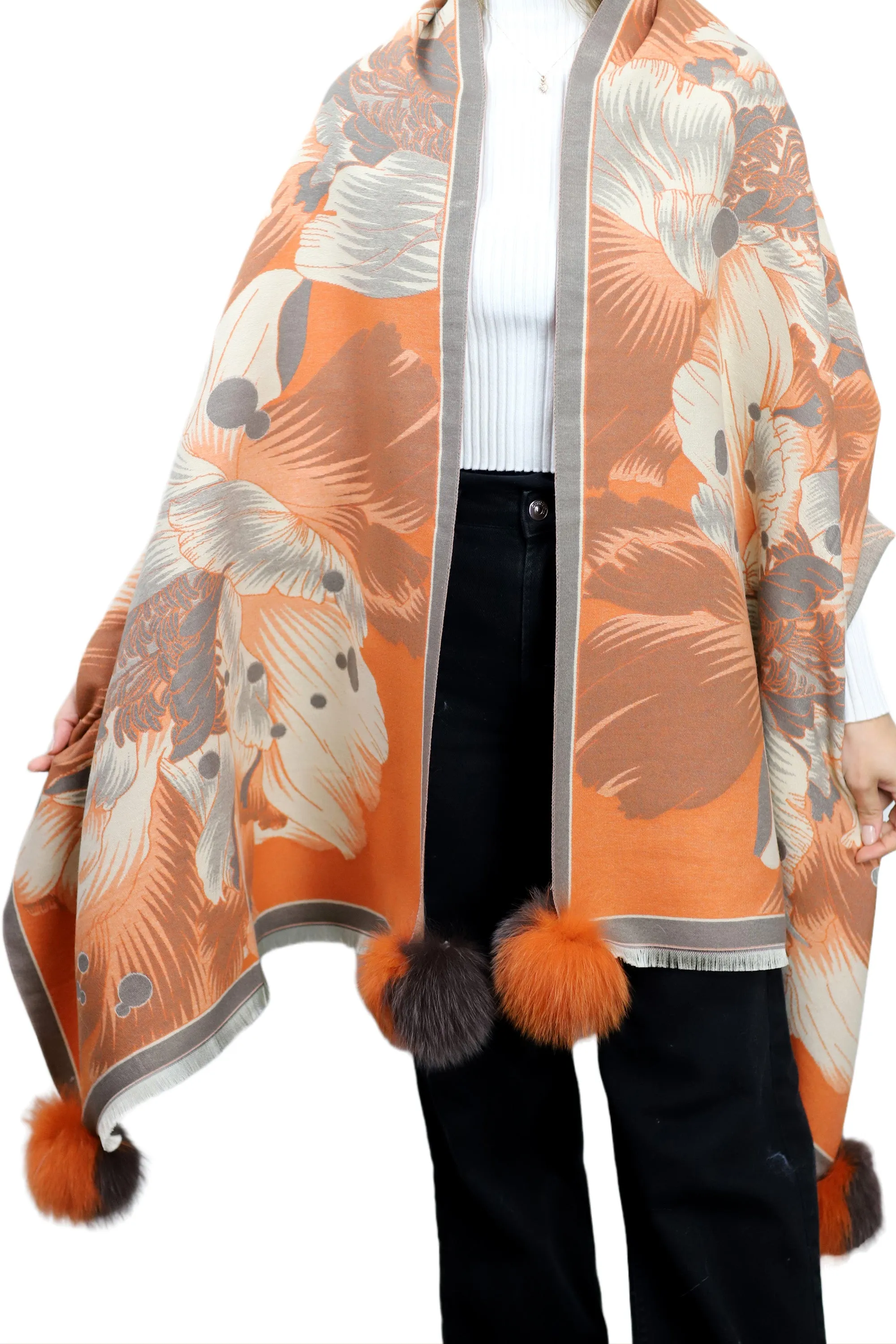 Oversized Floral Print Wrap with Fox Poms - Brown & Orange