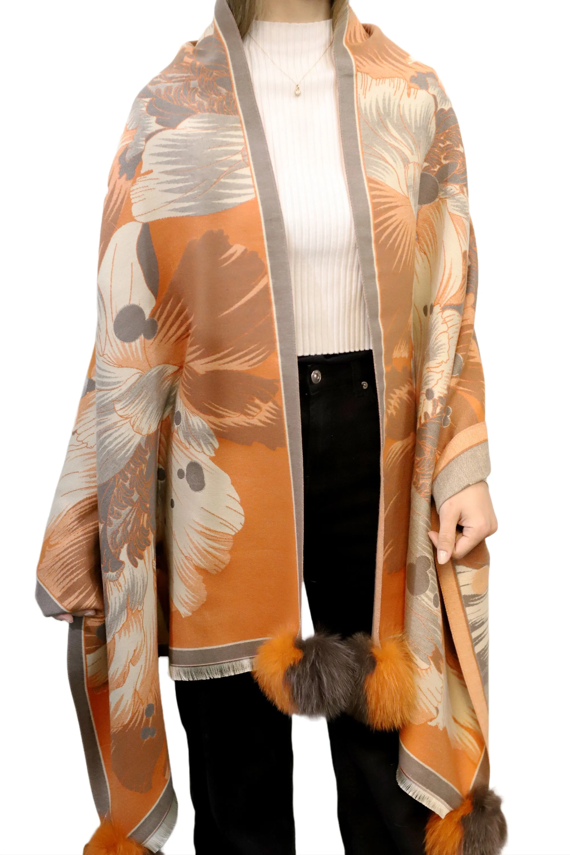 Oversized Floral Print Wrap with Fox Poms - Brown & Orange