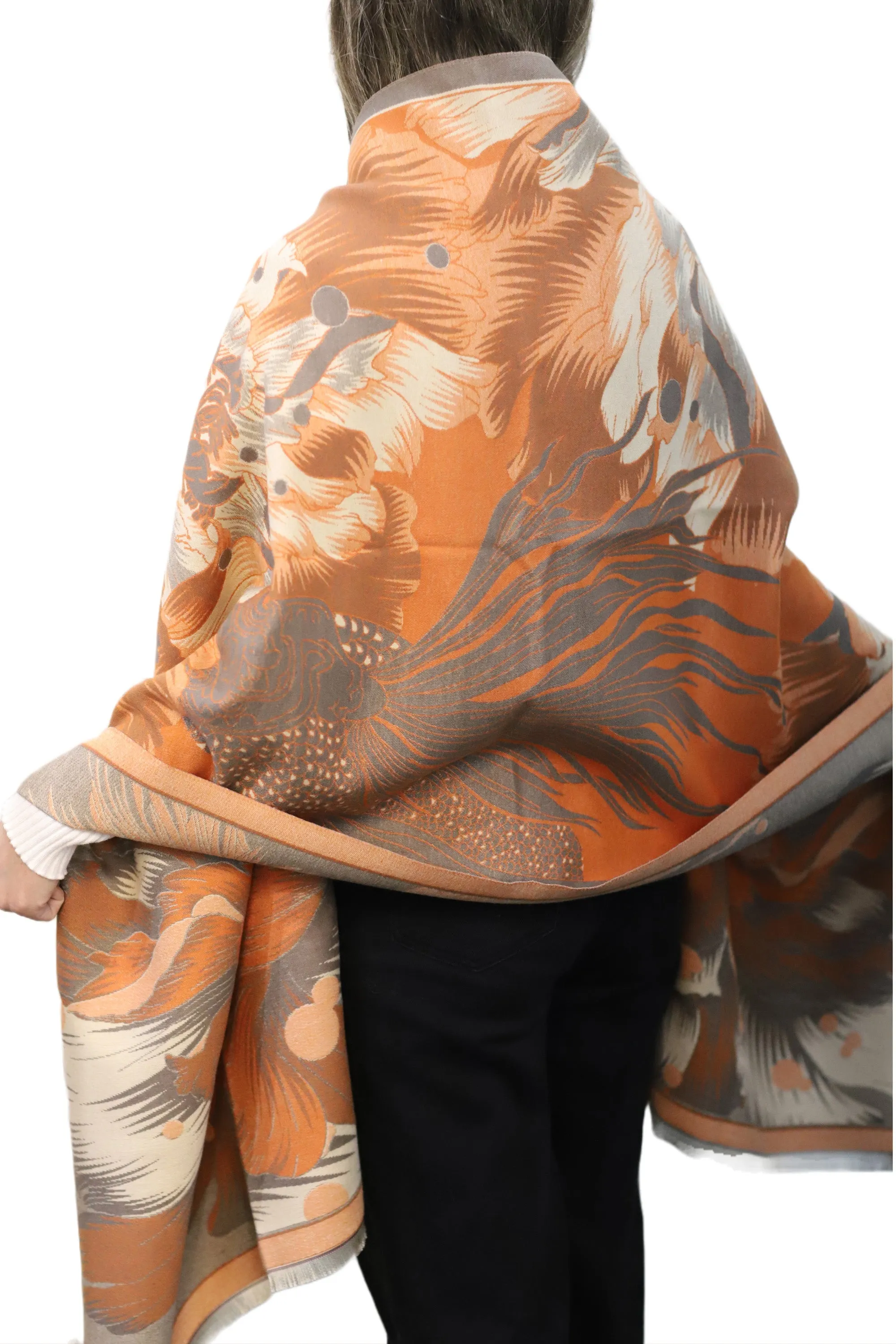Oversized Floral Print Wrap with Fox Poms - Brown & Orange