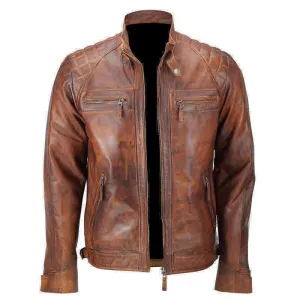 Quilted Distressed Brown Vintage Motorcycle Leather Jacket