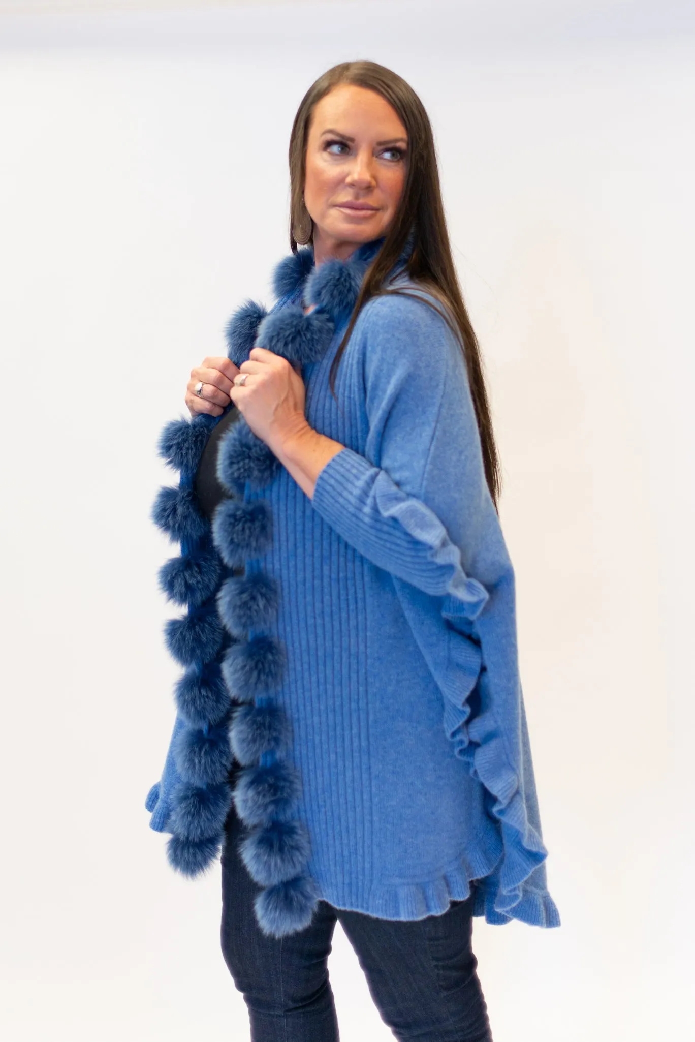 Rippe's Furs Fox Fur Trim Ruffled Wool Wrap - Denim