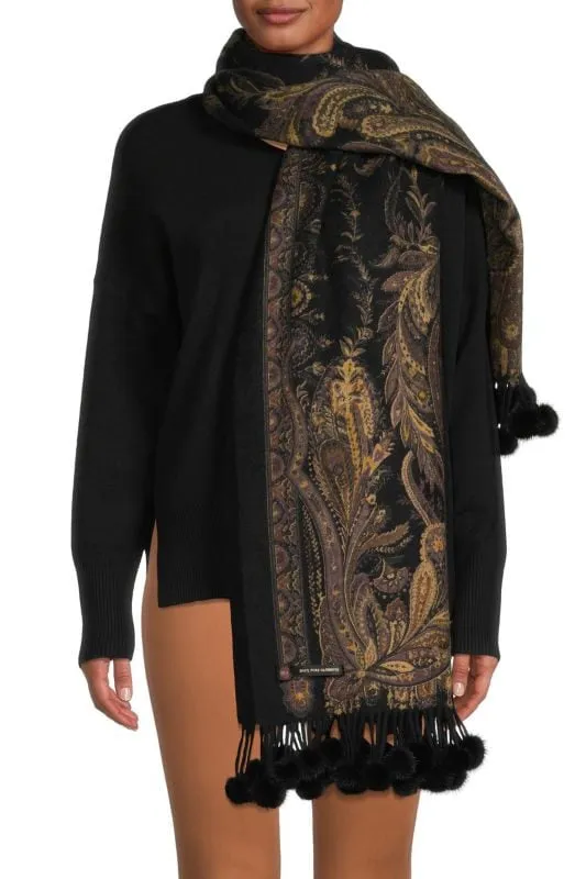 RYE - Reversible Cashmere Paisley Scarf with Mink Poms