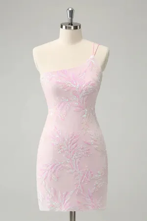 Sparkly Bodycon One Shoulder Sequins Homecoming Dress with Embroidery