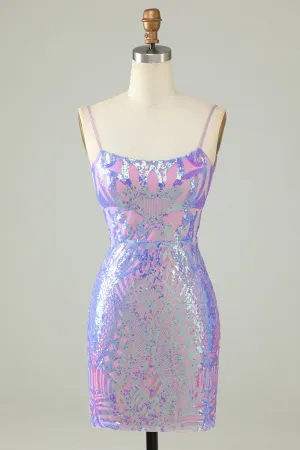 Sparkly Purple Sheath Sequin Backless Tight Short Homecoming Dress