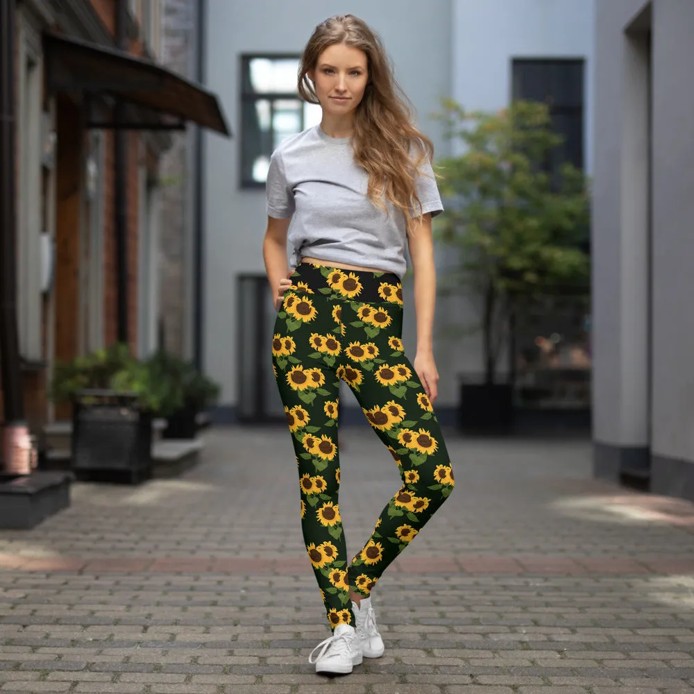 Sunflower Print Yoga Leggings, High Waist Black Flower Floral Printed Pants Cute Graphic Workout Gym Tights Gift Her Activewear
