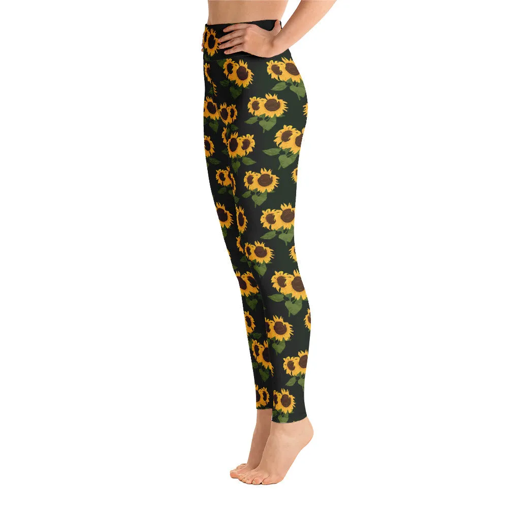 Sunflower Print Yoga Leggings, High Waist Black Flower Floral Printed Pants Cute Graphic Workout Gym Tights Gift Her Activewear