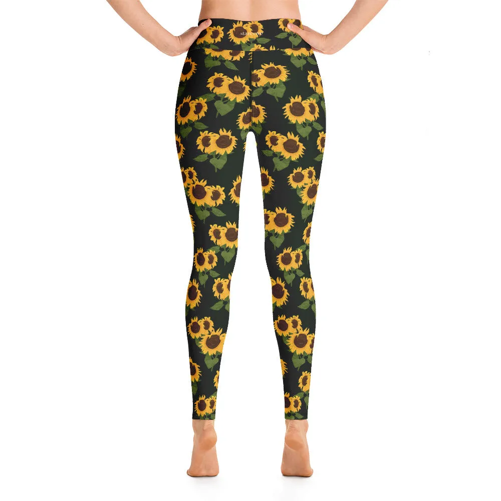Sunflower Print Yoga Leggings, High Waist Black Flower Floral Printed Pants Cute Graphic Workout Gym Tights Gift Her Activewear