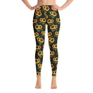 Sunflower Print Yoga Leggings, High Waist Black Flower Floral Printed Pants Cute Graphic Workout Gym Tights Gift Her Activewear