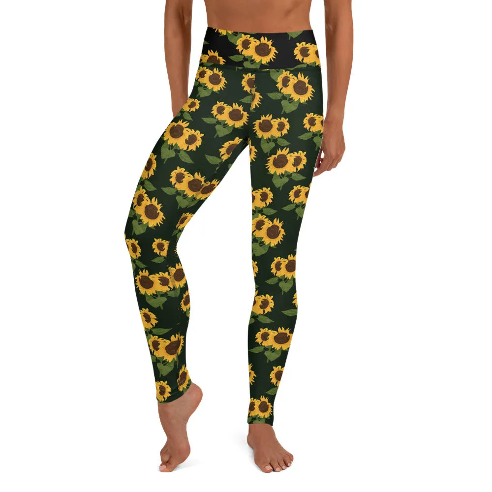 Sunflower Print Yoga Leggings, High Waist Black Flower Floral Printed Pants Cute Graphic Workout Gym Tights Gift Her Activewear