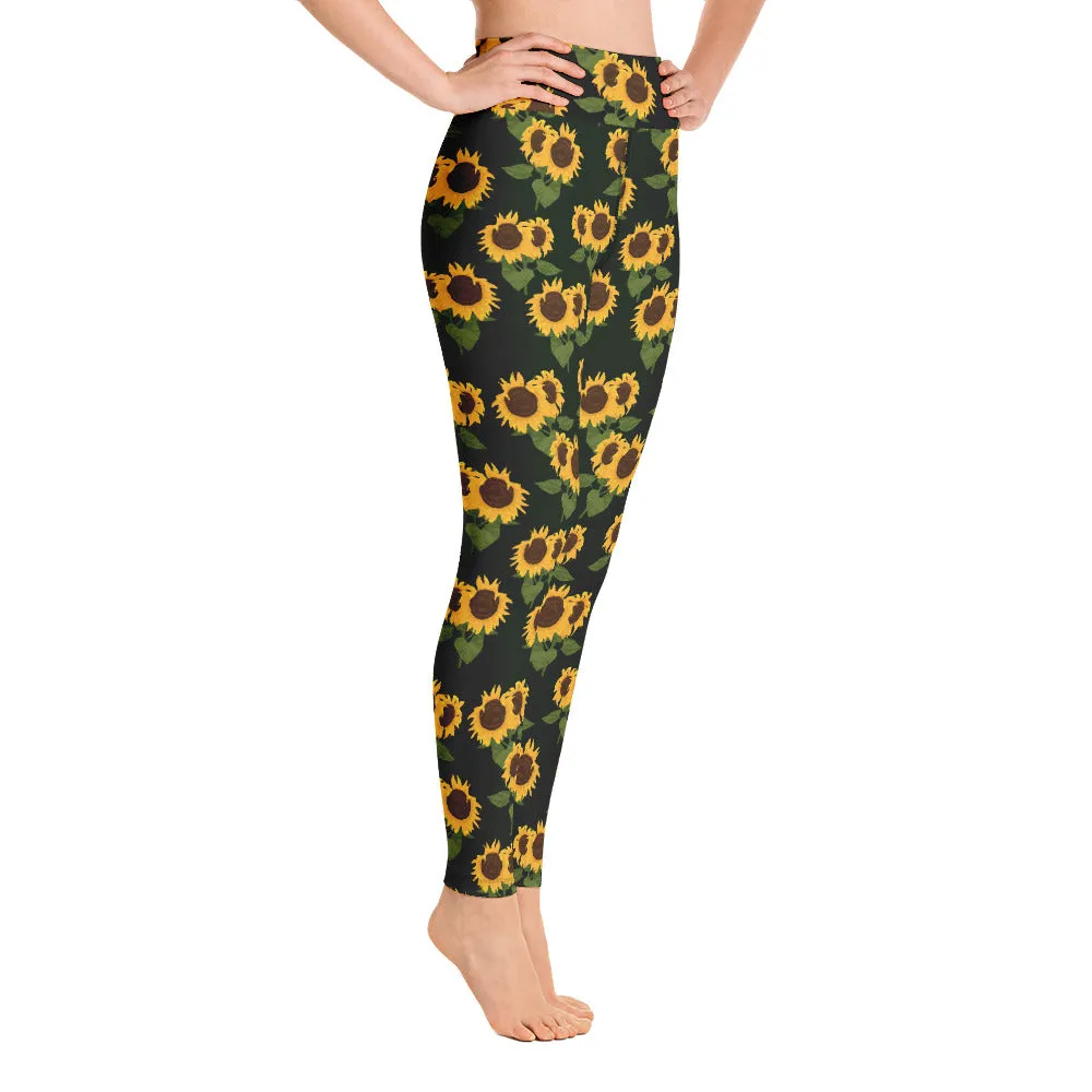 Sunflower Print Yoga Leggings, High Waist Black Flower Floral Printed Pants Cute Graphic Workout Gym Tights Gift Her Activewear