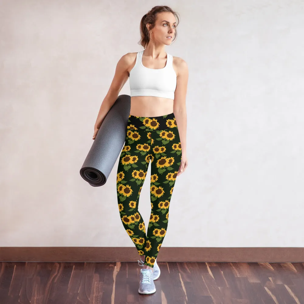 Sunflower Print Yoga Leggings, High Waist Black Flower Floral Printed Pants Cute Graphic Workout Gym Tights Gift Her Activewear