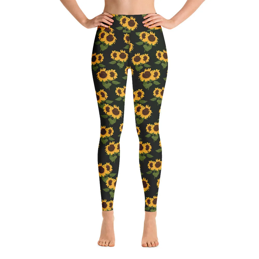 Sunflower Print Yoga Leggings, High Waist Black Flower Floral Printed Pants Cute Graphic Workout Gym Tights Gift Her Activewear