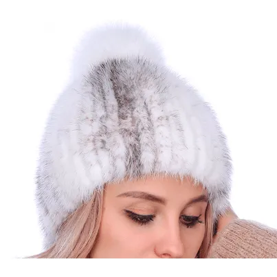 THICK MINK FUR HAT WITH FOX FUR TRIM