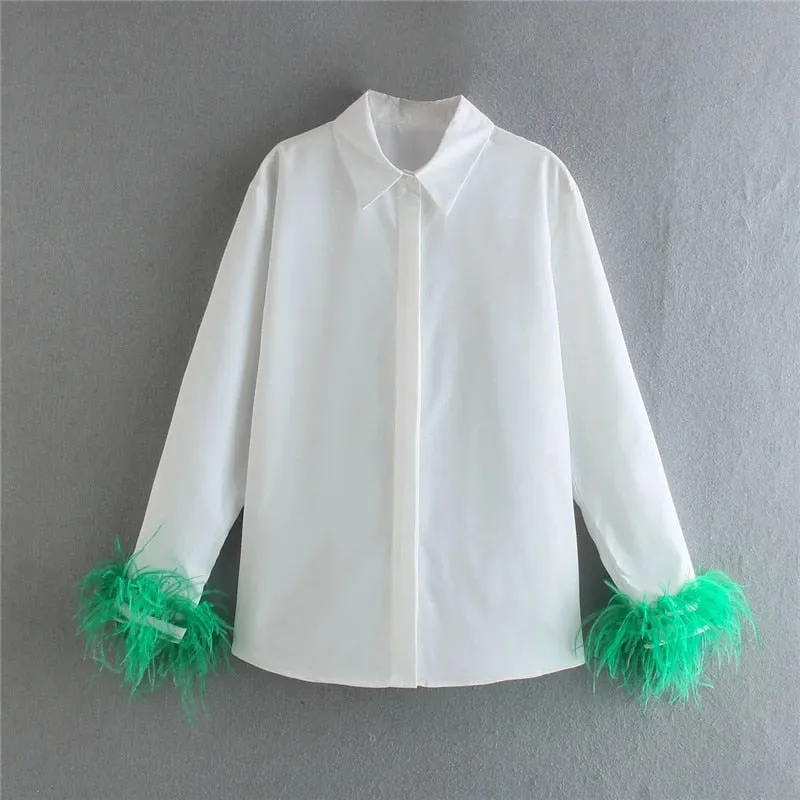 White Shirt With Charming Fur Trim Sleeve