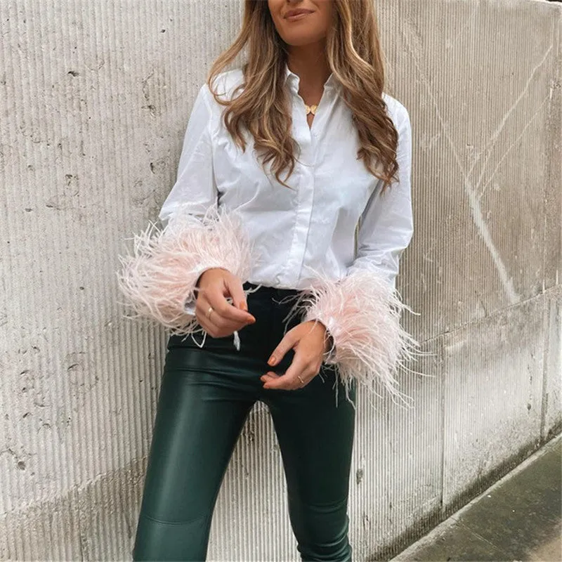 White Shirt With Charming Fur Trim Sleeve